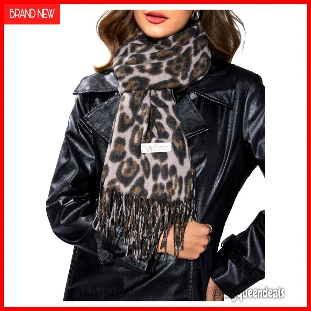 Leopard Print Shawl Scarf Lightweight Fringe Wrap One Size Polyester